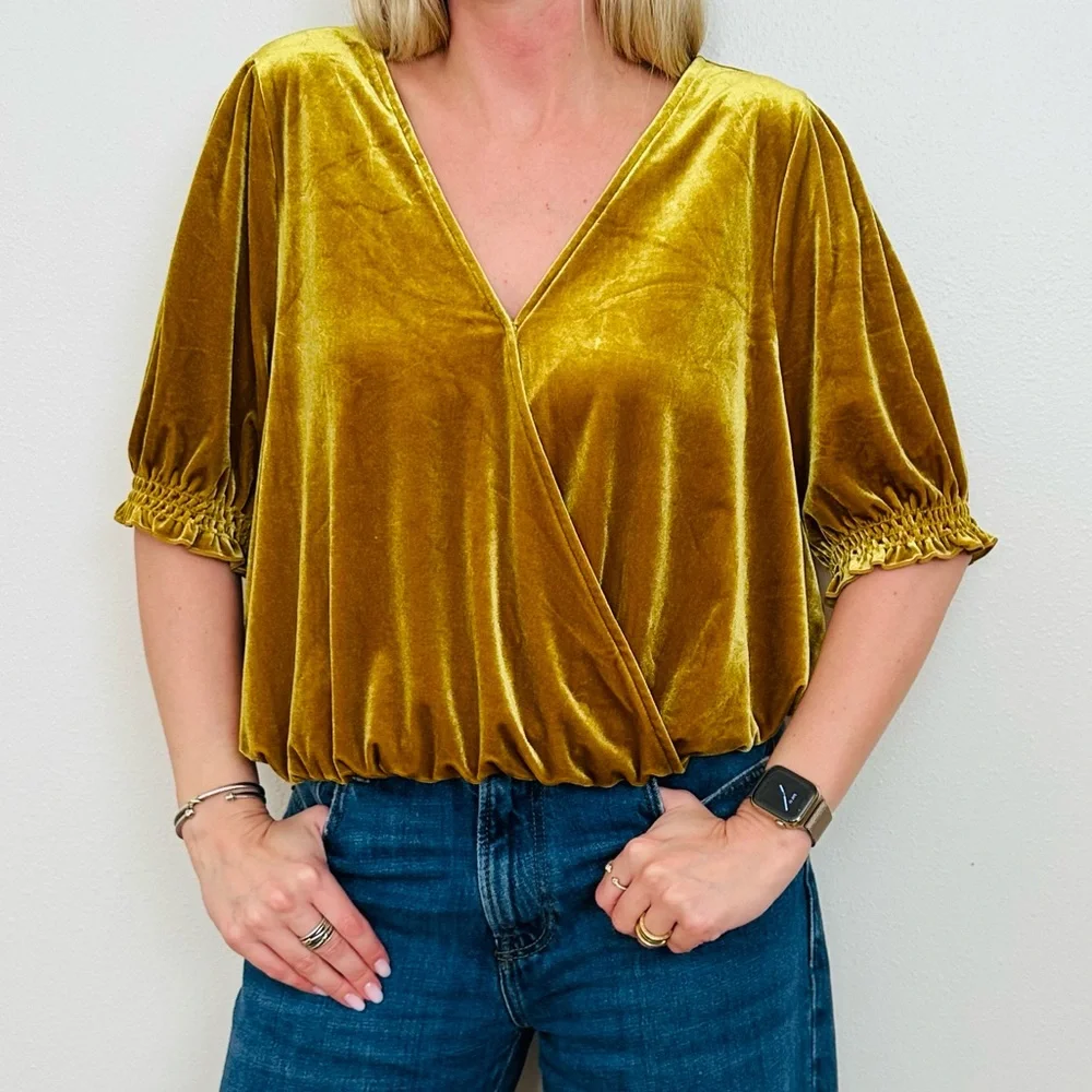 New Madewell Velvet Smocked Crossover Golden  Boho Blouse Top Mustard Gold